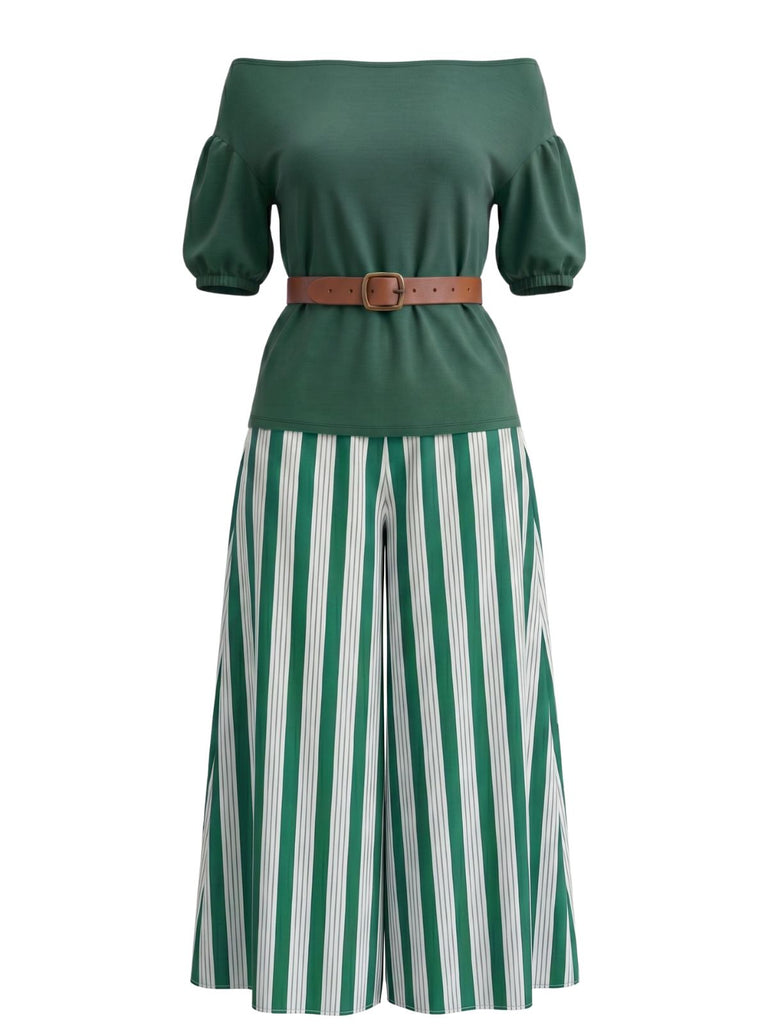 Ensemble Vert Rayé Épaules Dénudées Manches Bouffantes Fendu Années 1940 2