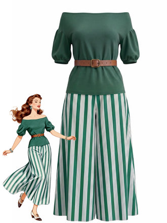 Ensemble Vert Rayé Épaules Dénudées Manches Bouffantes Fendu Années 1940