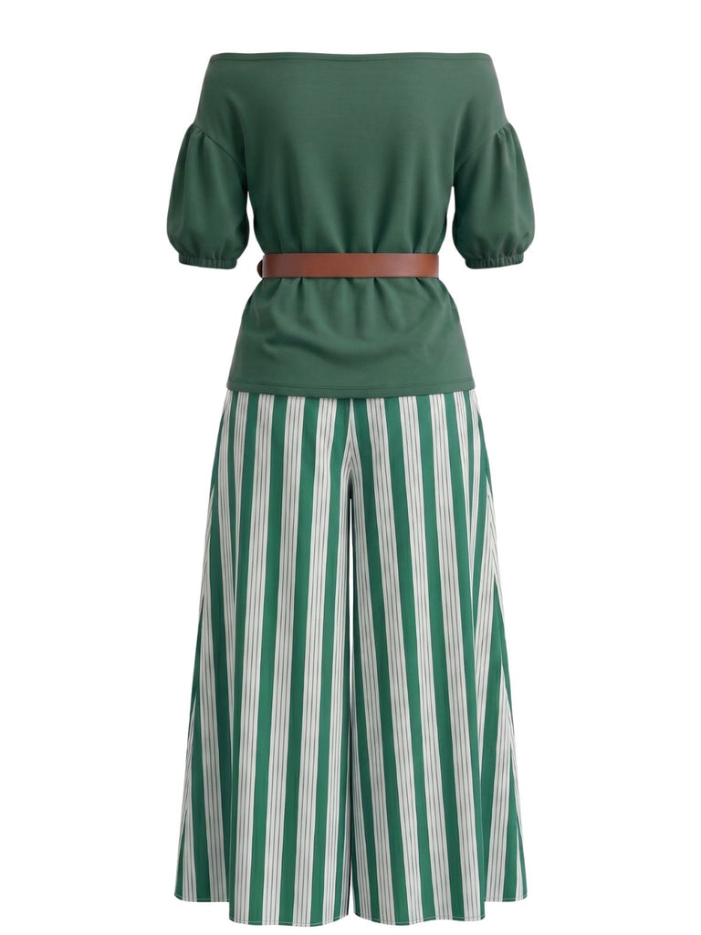 Ensemble Vert Rayé Épaules Dénudées Manches Bouffantes Fendu Années 1940 3
