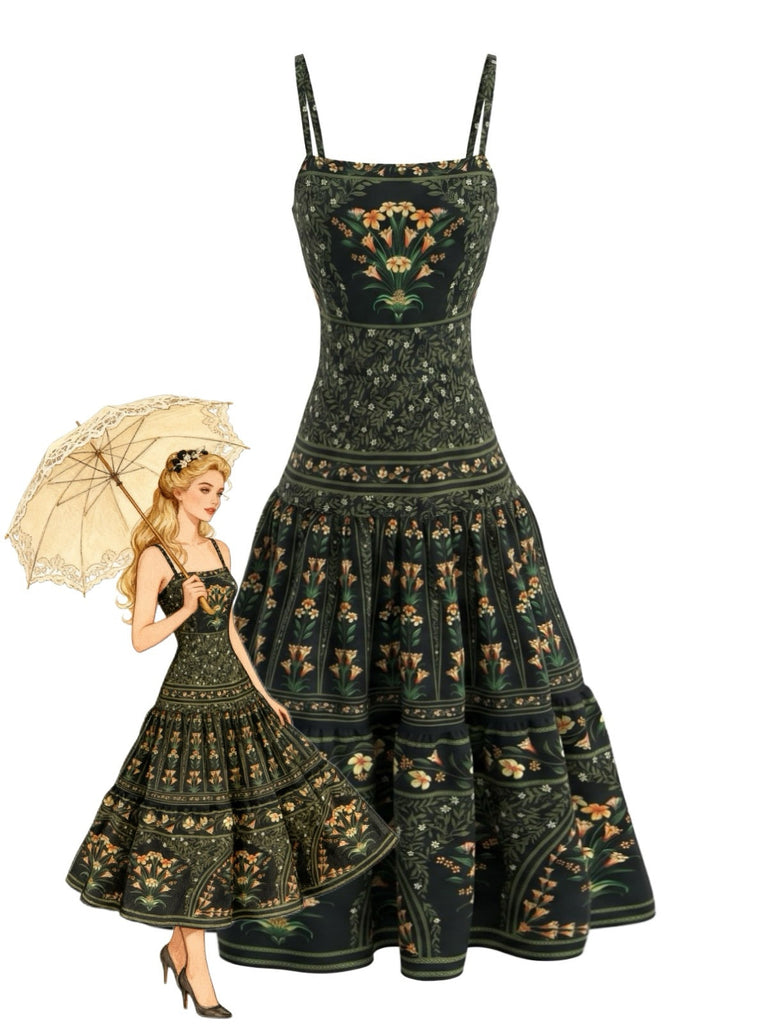 Robe Longue Florale Bretelles Fines à Volants Étagés Vert Foncé Années 1970