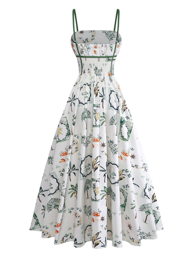 Robe Bretelles Spaghetti Mi-Longue Botanique Évasé Blanc & Vert Années 1950 2