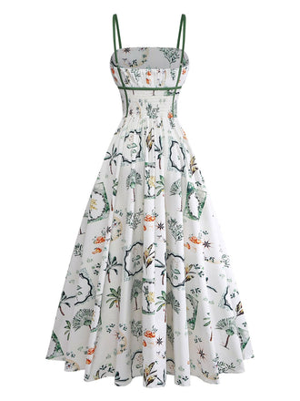 Robe Bretelles Spaghetti Mi-Longue Botanique Évasé Blanc & Vert Années 1950 2