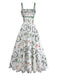 Robe Bretelles Spaghetti Mi-Longue Botanique Évasé Blanc & Vert Années 1950 2