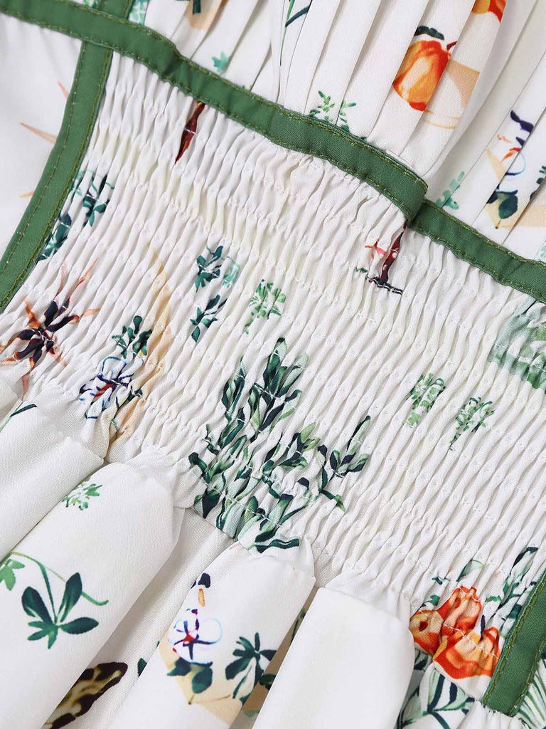 Robe Bretelles Spaghetti Mi-Longue Botanique Évasé Blanc & Vert Années 1950 4