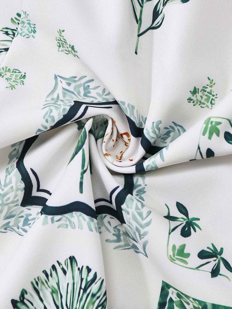 Robe Bretelles Spaghetti Mi-Longue Botanique Évasé Blanc & Vert Années 1950 5