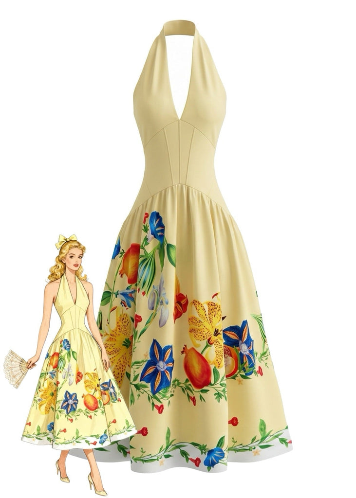 Robe Florale Halter Dos Nu Jaune Années 1950