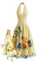 Robe jaune fleurs dos nu et encolure américaine années 50