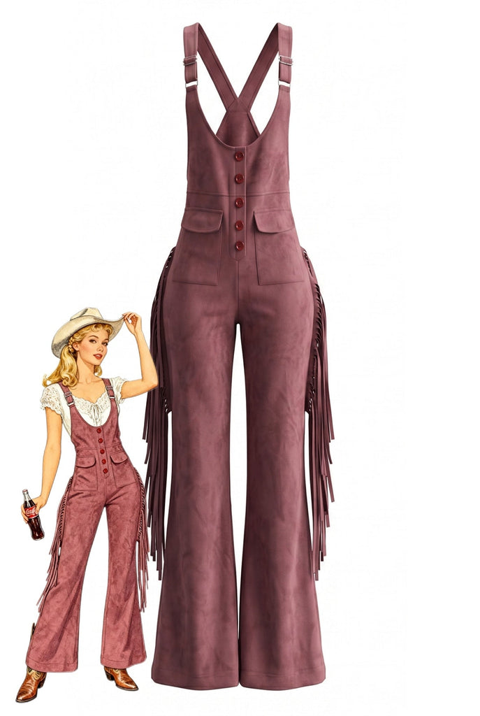 Combinaison Daim à Bretelles Franges Évasée Western Années 1970
