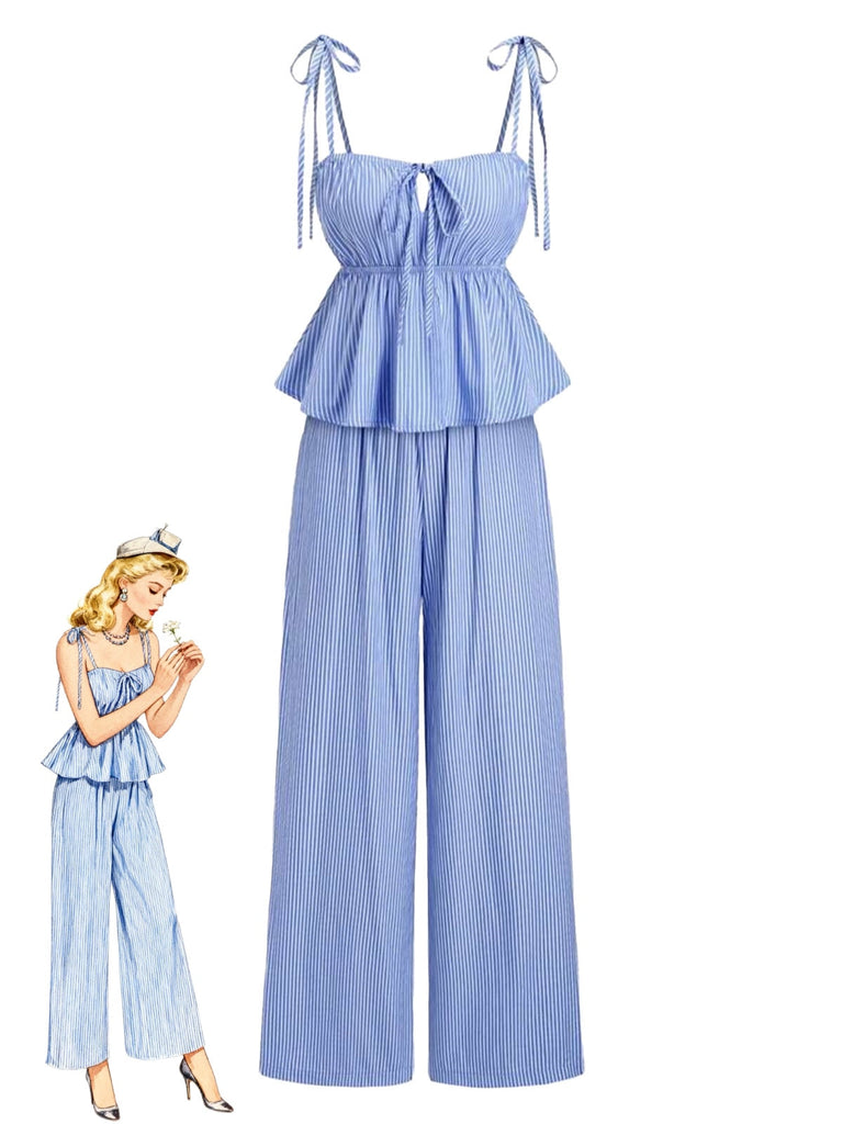 2PCS 2PCS Jambes Larges Rayé Nœud Nœud Péplum Bleu Clair Années 1950