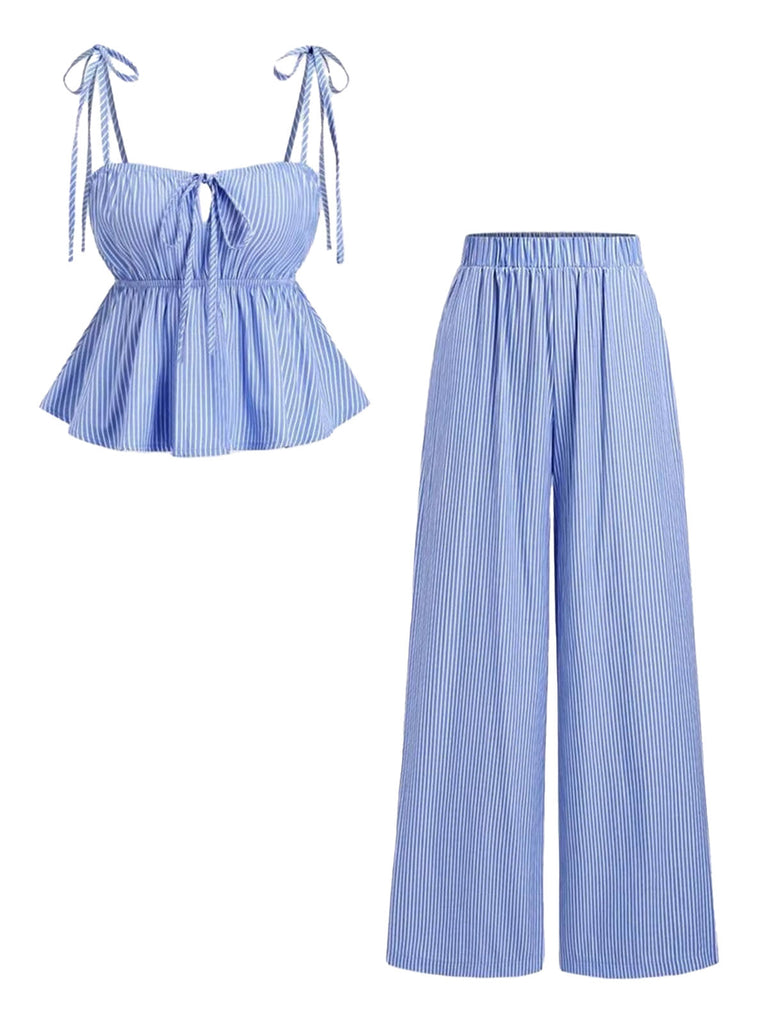 2PCS 2PCS Jambes Larges Rayé Nœud Nœud Péplum Bleu Clair Années 1950 3