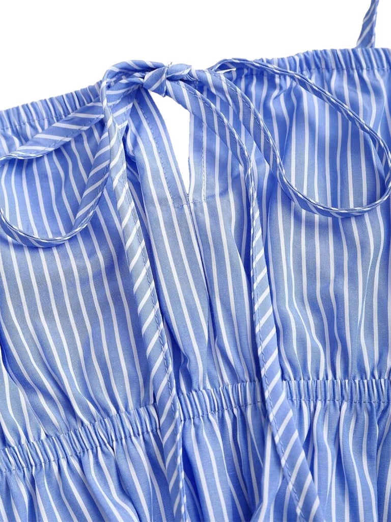 2PCS 2PCS Jambes Larges Rayé Nœud Nœud Péplum Bleu Clair Années 1950 6