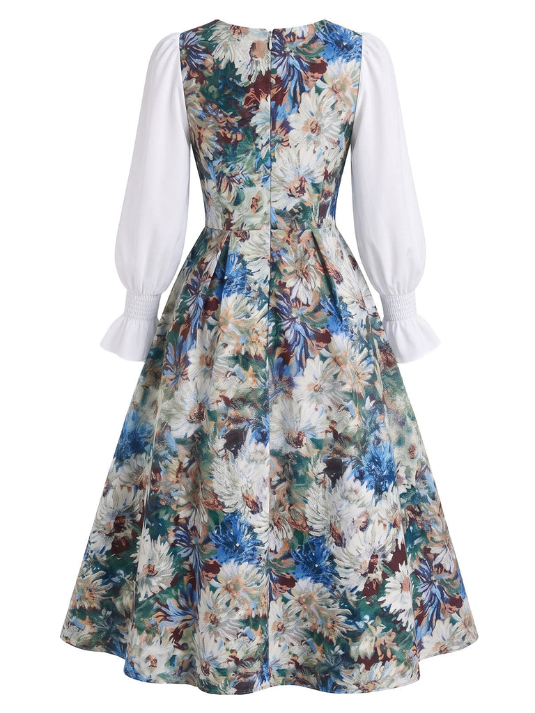 Robe Floral Pictural Imprimé Faux Deux-Pièces Années 1950 3