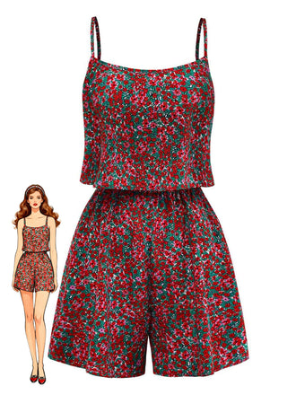 Combishort Bretelles Spaghetti Floral Petites Fleurs Multicolore Années 1970