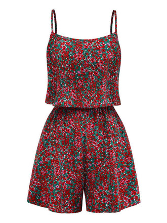 Combishort Bretelles Spaghetti Floral Petites Fleurs Multicolore Années 1970 2