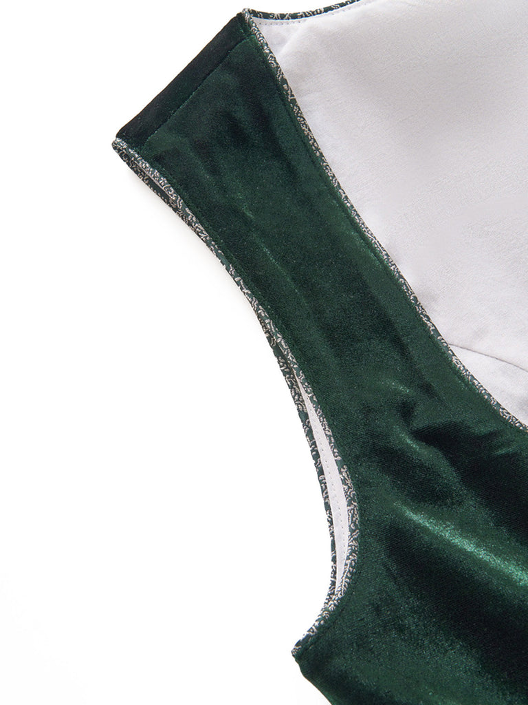 3PCS Robe Col Carré Velours Dentelle Jacquard Tablier Vert Années 1950 9