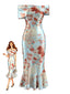 Robe sirène bleu clair satin motif floral et épaules dénudées années 1930