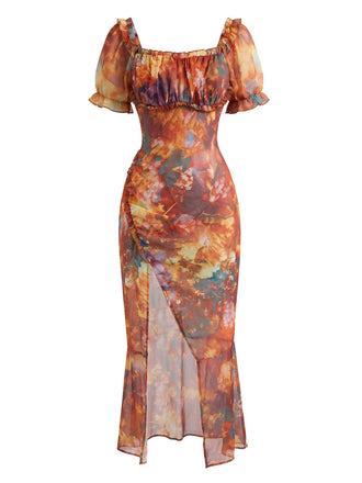 Robe Marron Watercolor Floral Imprimé Manches Bouffantes Années 1930 2
