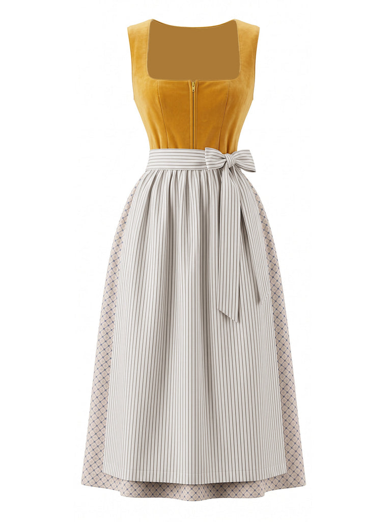 Robe Jaune Col Carré & Rayé Apron Années 1950 2