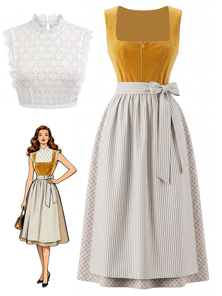 3PCS Robe Col Carré & Tablier Rayé & Haut Dentelle Jaune Années 1950