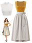 3PCS Robe Col Carré & Tablier Rayé & Haut Dentelle Jaune Années 1950