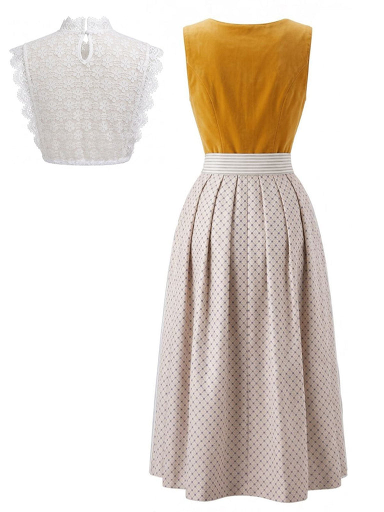 3PCS Robe Col Carré & Tablier Rayé & Haut Dentelle Jaune Années 1950