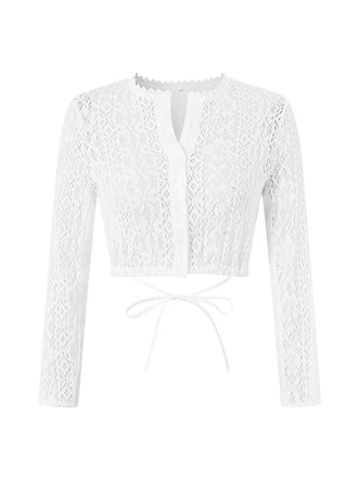 Blouse Courte Blanche Florale Dentelle Manches Longues Années 1950