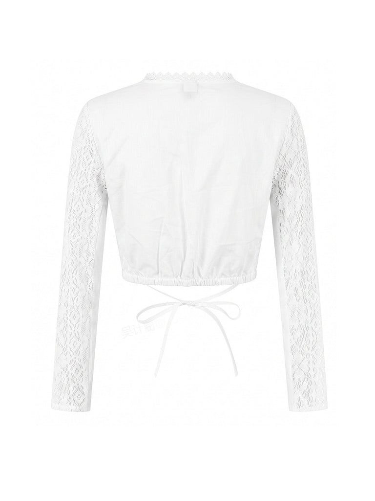 Blouse Courte Blanche Florale Dentelle Manches Longues Années 1950 2