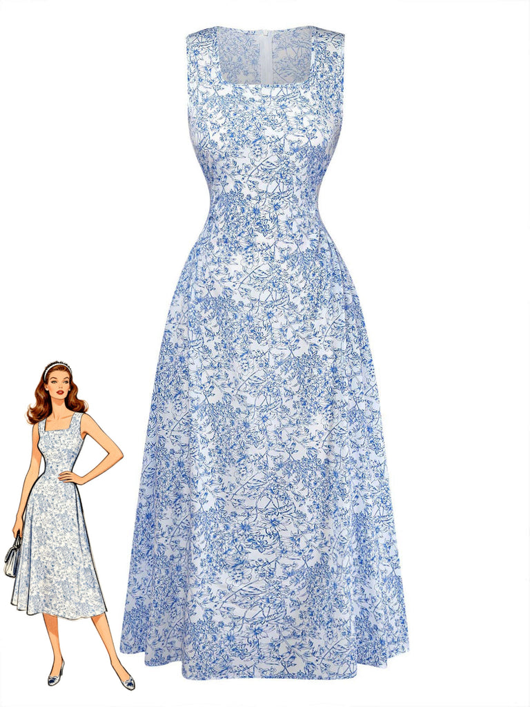 Robe Col Carré Sans Manches Floral Mi-Longue Petites Fleurs Années 1940