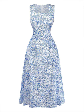 Robe Col Carré Sans Manches Floral Mi-Longue Petites Fleurs Années 1940 2