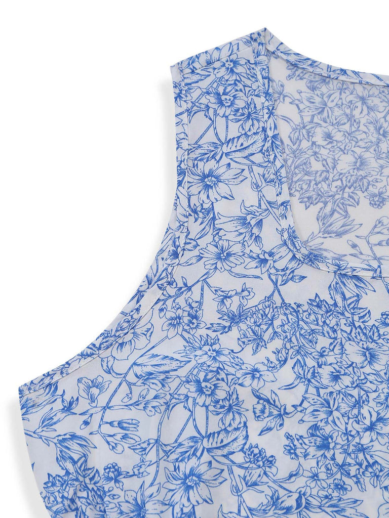 Robe Col Carré Sans Manches Floral Mi-Longue Petites Fleurs Années 1940 5