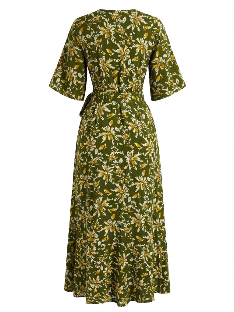 Robe Bohème Floral Imprimé Col V Portefeuille Midi Années 1970 3