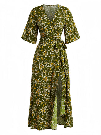Robe Bohème Floral Imprimé Col V Portefeuille Midi Années 1970 2