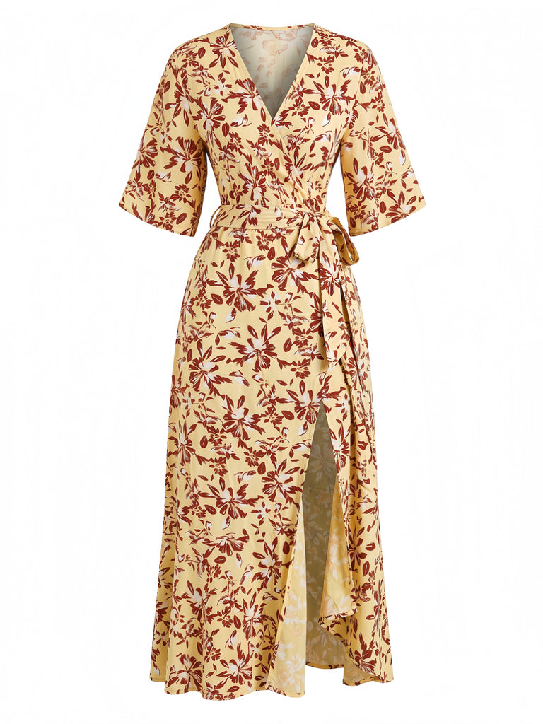 Robe Bohème Floral Imprimé Col V Portefeuille Midi Années 1970 6