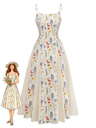 Robe Midi à Bretelles Spaghetti Petites Fleurs Beige Années 70