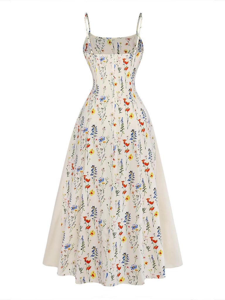 Robe Midi à Bretelles Spaghetti Petites Fleurs Beige Années 70