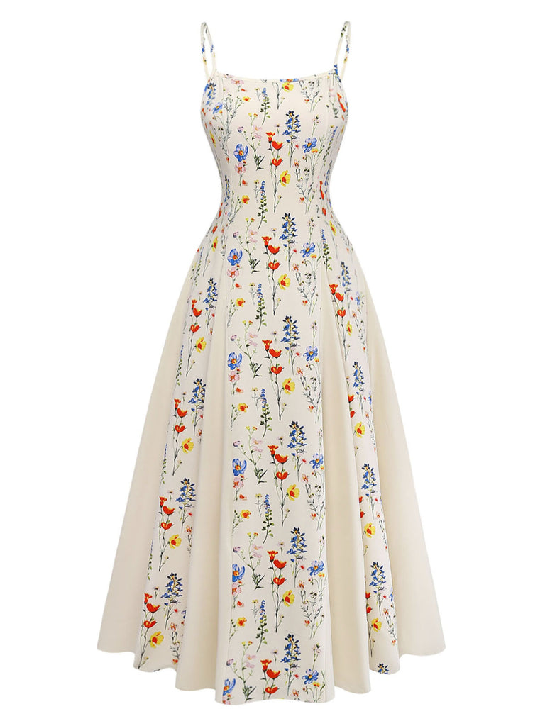 Robe Midi à Bretelles Spaghetti Petites Fleurs Beige Années 70