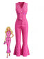 2PCS Haut Col V et Pantalon Évasé Barbie Rose Années 70