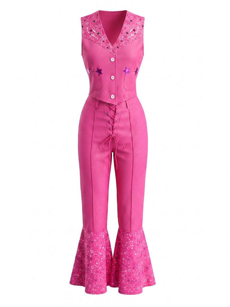 Ensemble 2 Pièces Top Col V & Pantalon Évasé Barbie Rose Années 70