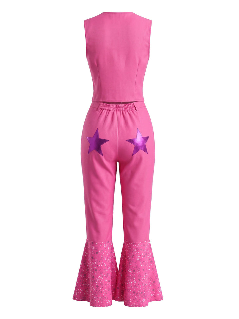 Ensemble 2 Pièces Top Col V & Pantalon Évasé Barbie Rose Années 70