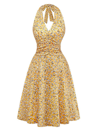 Robe Floral Halter Petites Fleurs Froncé Taille Jaune Années 1950 2