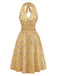 Robe Floral Halter Petites Fleurs Froncé Taille Jaune Années 1950 2