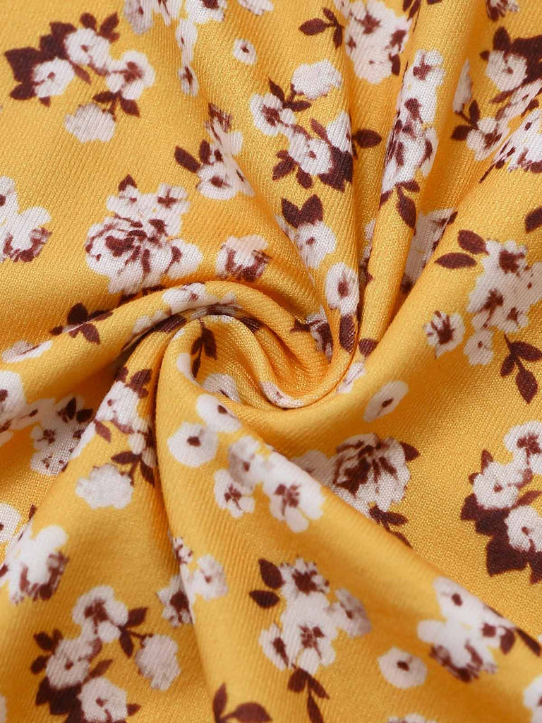 Robe Floral Halter Petites Fleurs Froncé Taille Jaune Années 1950 7