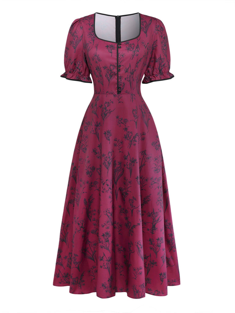Robe Col Carré Floral Longue Imprimé Lie-de-Vin Années 1940 2