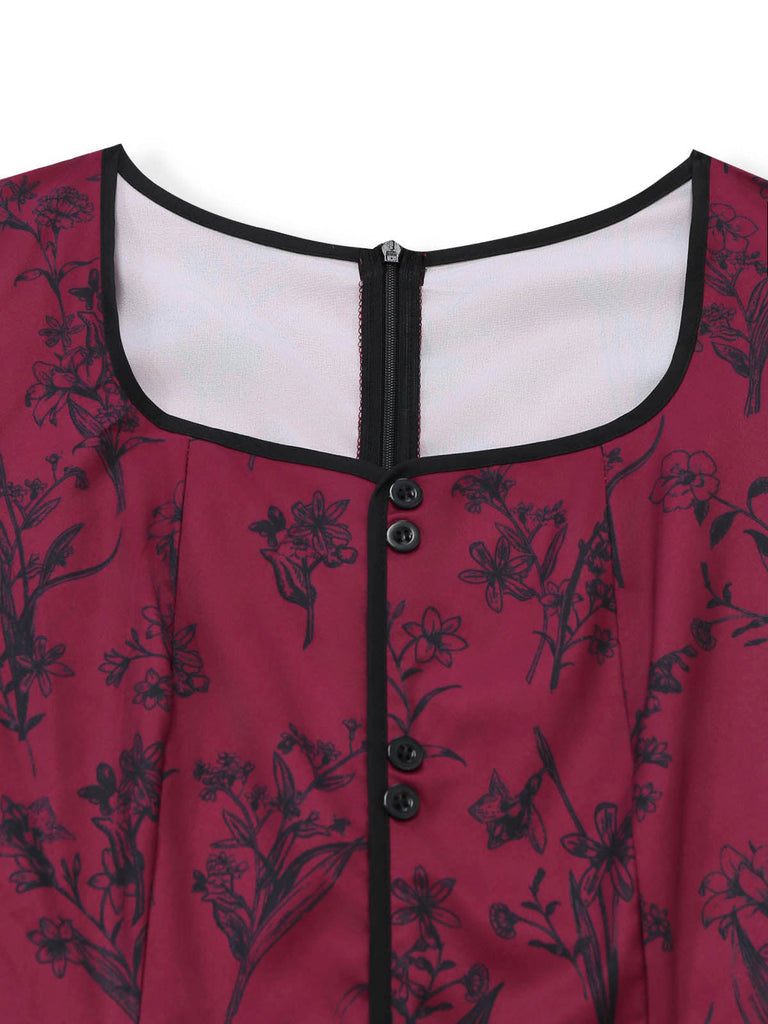 Robe Col Carré Floral Longue Imprimé Lie-de-Vin Années 1940 4