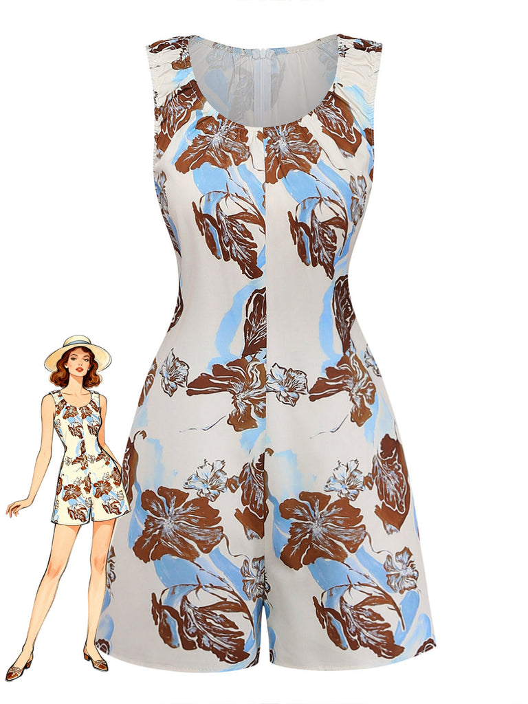 Combishort Beige Floral Imprimé Sans Manches Jambes Larges Années 1940