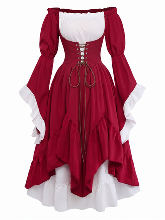 Robe Rouge Épaules Dénudées Manches Cloche Renaissance Années 1930