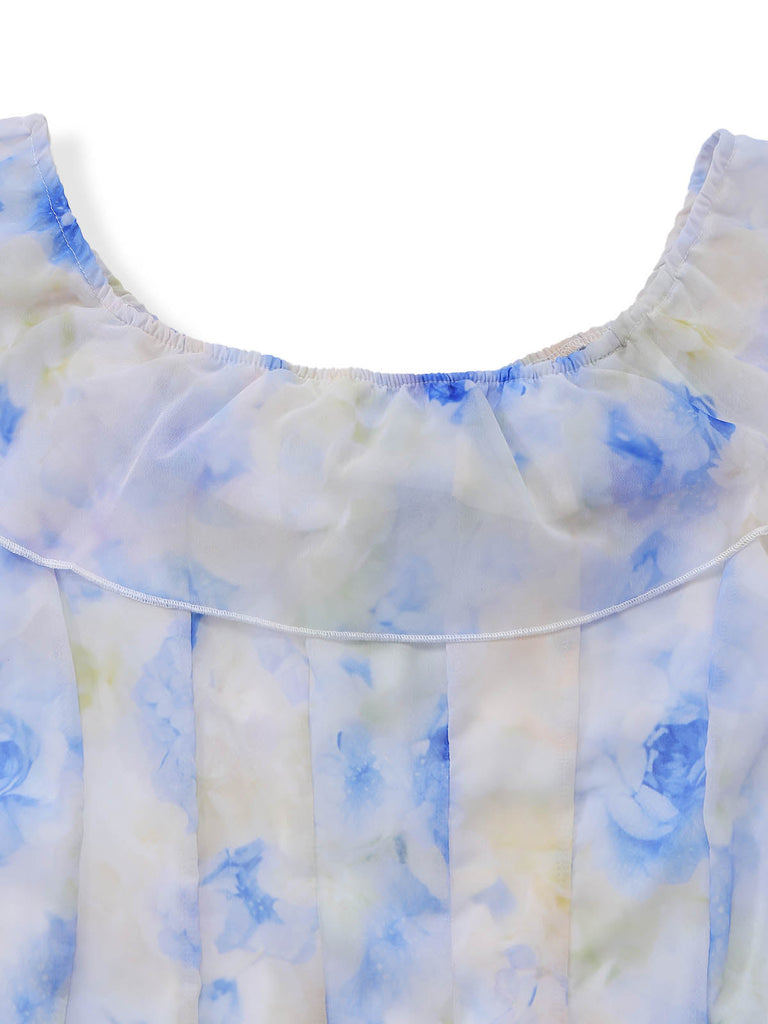 Robe Épaules Dénudées Watercolor Floral Volant Maxi Années 1930 4