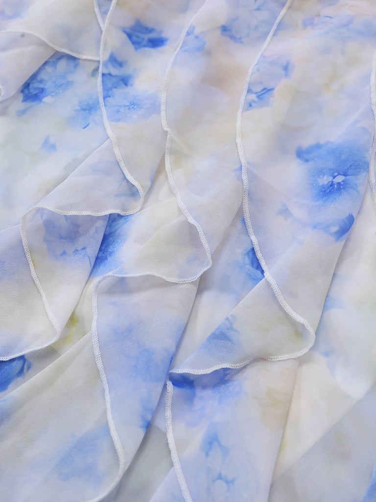 Robe Épaules Dénudées Watercolor Floral Volant Maxi Années 1930 5