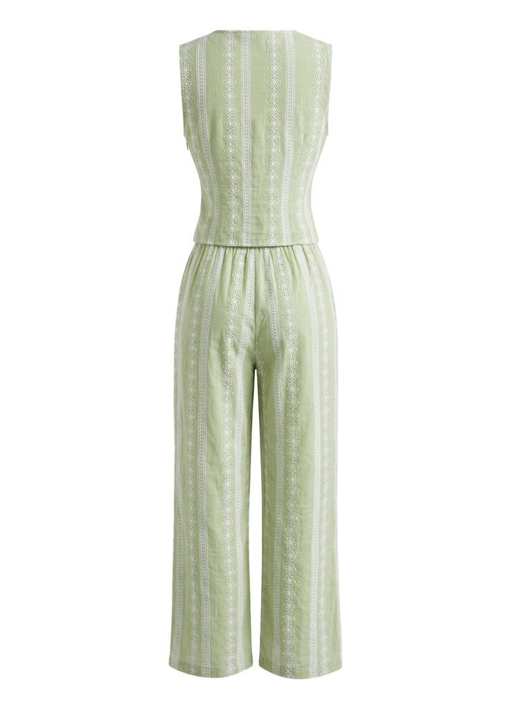 Ensemble 2 Pièces Gilet & Pantalon Brodé Nouage Avant Vert Années 30