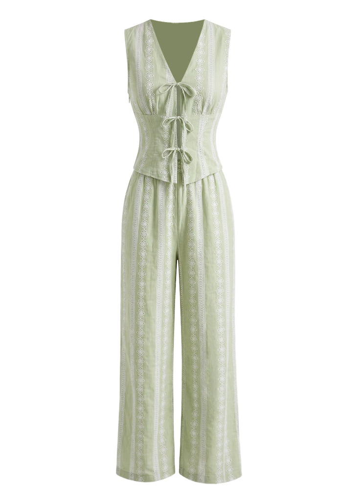 Ensemble 2 Pièces Gilet & Pantalon Brodé Nouage Avant Vert Années 30